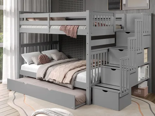 Bedz King Literas de escalera de tamaño matrimonial sobre matrimonial con 4 cajones en los escalones y un nido completo, color gris Cerezo oscuro
