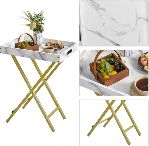 Miniatura 6 de IBUYKE Juego de 2 bandejas plegables para TV, mesa auxiliar con bandeja extraíble para servir alimentos, mesa portátil de madera para sala de estar