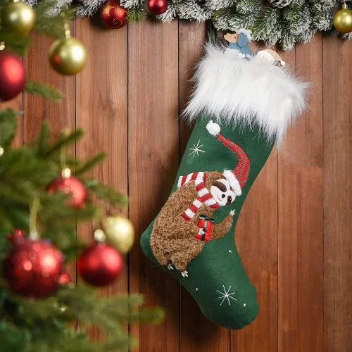 Miniatura 9 de Calcetín de Navidad 2025, adorno de Navidad, calcetín hecho a mano con huellas de perro, patrón con piel sintética, adornos para fiesta de invierno