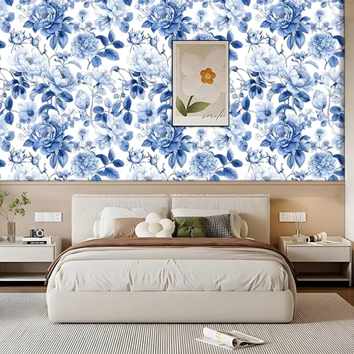 Miniatura 8 de Papel tapiz azul vintage elegante floral autoadhesivo para despegar y pegar, papel de contacto con hojas de peonía botánicas de acuarela blanca
