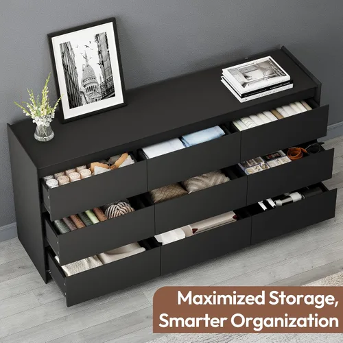 Miniatura 6 de Cómoda extra ancha de 9 cajones para dormitorio, cómoda de madera moderna, armario de almacenamiento resistente sin asas con kit antipuntas, mesa