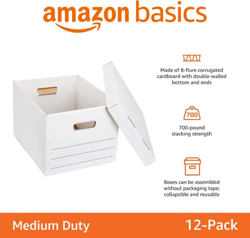 Miniatura 2 de Amazon Basics Cajas de almacenamiento y archivos de servicio mediano con tapa y asas, tamaño legal/carta, paquete de 12, color blanco, 16.2 pulgadas