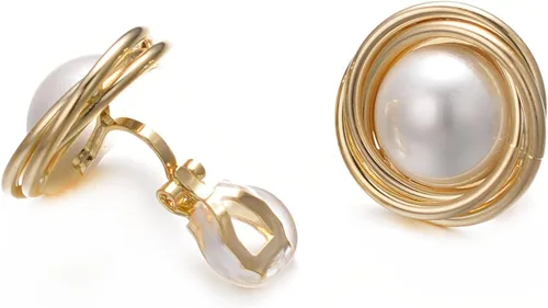 Miniatura 20 de Yoursfs Aretes de clip de perlas blancas grandes para mujer, chapados en oro de 18 quilates, hipoalergénicos, sin perforaciones, joyería brillante