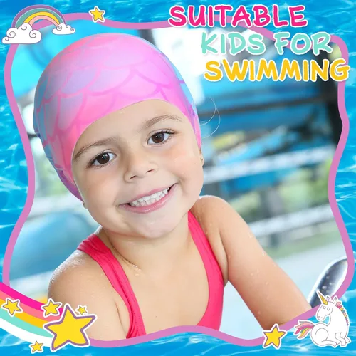 Miniatura 6 de Syhood Gorras de natación para niños, 3 unidades, impermeables, gorro de natación de dibujos animados para cabello largo y corto, para niños y niñas