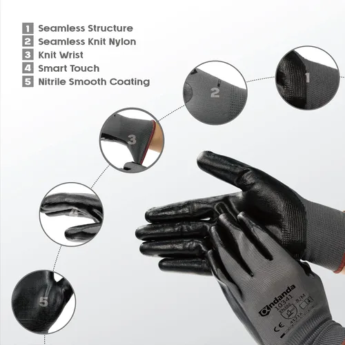 Miniatura 2 de ANDANDA Smart Touch - Guantes de trabajo – 12 pares, ajuste elástico cómodo 3D, revestimiento de nitrilo con agarre, nailon de punto sin costuras