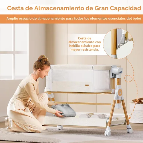 Miniatura 6 de Moisés de bebé 3 en 1, moisés de cabecera/mecedora para bebé, cuna de cabecera con ruedas bloqueables, colchón impermeable, 6 alturas ajustables