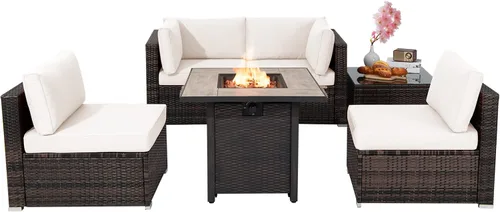Miniatura 13 de Tangkula Patiojoy Juego de sofá de ratán para exteriores de 6 piezas con mesa de fuego de gas propano de 30 pulgadas, mesa de cerámica para fuego