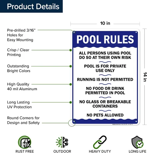 Miniatura 6 de Letrero de reglas de la piscina, «Swim at Your Own Risk, This is a Private Pool, No Food No Runing, No Glass, No Pets – Cartel de piscina, 10 x 14