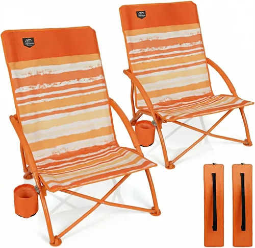 Miniatura 9 de Paquete de 2 sillas bajas de playa, sillas reclinables plegables para adultos, sillas de camping ligeras de asiento bajo con soporte para tazas, Azul