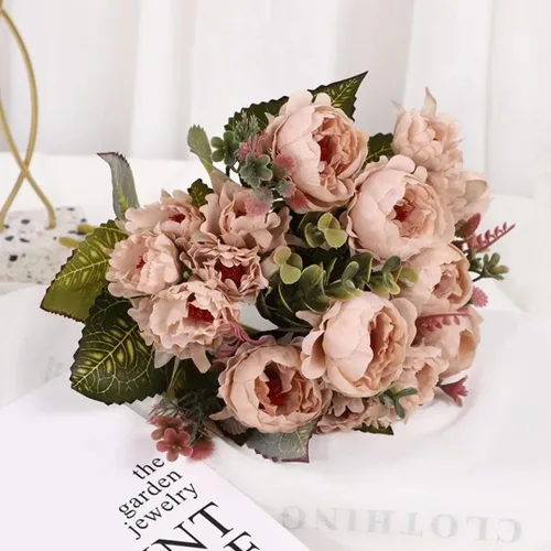 Miniatura 4 de Ramo de boda artificial de peonía de 9 cabezas para el hogar, flores artificiales para decoración del hogar (rosa champán)