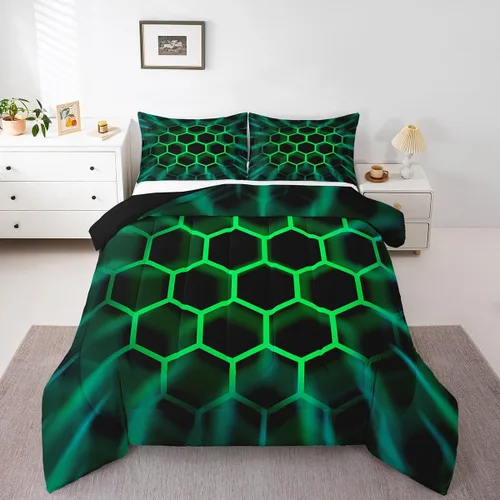 Miniatura 22 de Juego de ropa de cama individual de panal para niños y niños, color negro, verde azulado, azul, hexagonal, geométrico, patrón de colmena, edredón