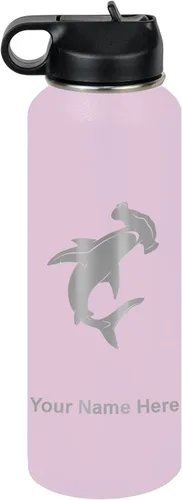 Miniatura 73 de LaserGram Botella de agua personalizada, tiburón martillo, acero inoxidable de doble pared aislada al vacío con popote superior, regalo grabado