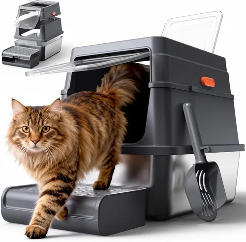 Powools Caja de arena para gatos – Caja de arena de acero inoxidable con tapa para gatito, caja cerrada con base de metal para gatos con cuchara de