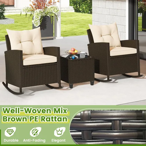 Miniatura 5 de KOTEK Juego de 3 piezas de muebles de patio, mecedoras de mimbre para exteriores y mesa de cristal, juego de conversación de ratán PE para porche