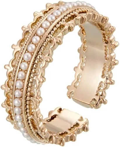 Anillo abierto de corona vintage para mujer, con cuentas de perlas, ajustable, apilable, banda de dedo, joyería de moda, Cobre, Sin piedras preciosas