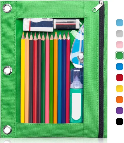 Miniatura 14 de Forvencer Estuche para lápices de 3 anillas, estuche transparente con cremallera suave, bolsa de lápices de gran capacidad con 3 ojales reforzados