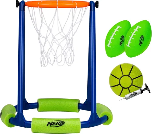 NERF - Juego de aro de baloncesto flotante para piscina + red de fútbol – Baloncesto acuático + (2) pelotas de fútbol acuáticas incluidas – Aro