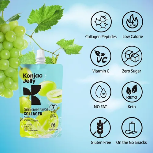Miniatura 2 de Hethstia Konjac Jelly sabor a uva verde, 10 bolsas, gelatina de uva bebible con péptidos de colágeno, 7 Kcal, sin azúcar, sin gluten, keto, vegano
