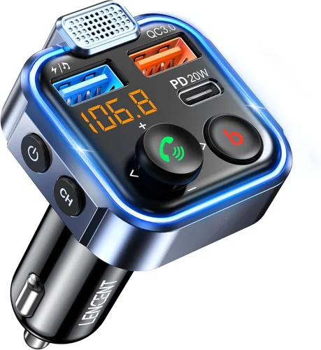 LENCENT Transmisor FM Adaptador para Coche, Cargador USB Rápido Tipo-C PD 20W+ QC3.0, Kit de Radio Bluetooth 5.3 Inalámbrico para Coche, Llamadas