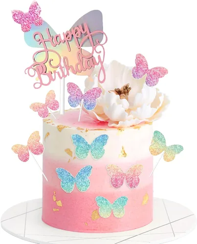 Miniatura 9 de 21 Piezas de Adornos de Mariposa para Pastel con Adornos de Pastel de Feliz Cumpleaños, Mariposas 3D en Rosa y Oro para Pastel, Adornos de Pastel