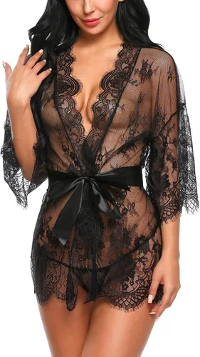 Miniatura 4 de Avidlove - Kimono de encaje para mujer bata babydoll camisón de malla para lencería de talla S-5XL