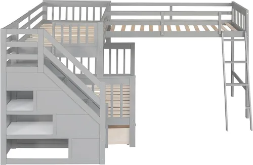 Miniatura 6 de Merax Litera con un loft adjunto, estructura de cama triple con cajones, barandillas y escaleras, plataforma gris, en forma de L, individual sobre
