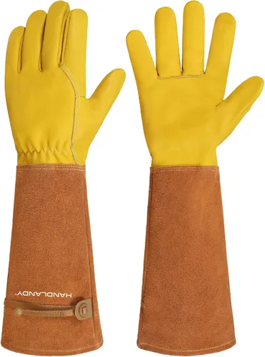 Miniatura 8 de HANDLANDY Guantes de jardinería de cuero, guantes largos a prueba de espinas, guantes de jardín resistentes, longitud al codo, guantes de poda