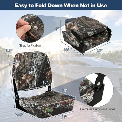 Miniatura 5 de GYMAX Asiento plegable para barco, paquete de 2 asientos con respaldo bajo para capitán de pesca, con acolchado de esponja gruesa, bisagras