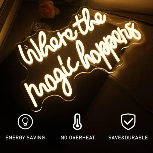 Miniatura 3 de Letrero de neón con texto en inglés «Where The Magic Happens», luz LED blanca cálida para decoración de pared, letras alimentadas por USB, luz