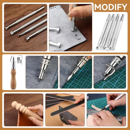 Miniatura 5 de Kit de trabajo de cuero de 60 piezas, kit de costura de cuero, herramientas de artesanía de cuero con bolsa de almacenamiento, herramientas