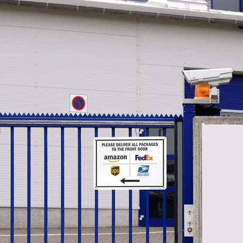 Miniatura 3 de SmartSign Letrero de metal con texto en inglés "Please Deliver All Packages to The Front Door" de 10 x 14 pulgadas, con flecha izquierda y Letrero