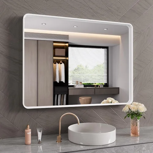 Miniatura 44 de JISOSO - Espejo de baño de 24x36 pulgadas con marco de metal cepillado color níquel, espejo con marco de metal cepillado plateado para pared, espejo