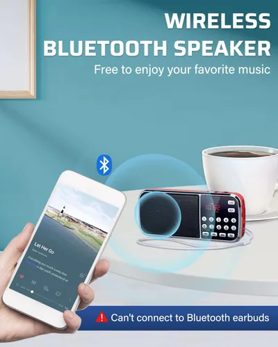 Miniatura 4 de PRUNUS J-189 Radio FM Bluetooth AM, pequeña radio portátil – altavoz dual graves pesados, linterna LED, tamaño de bolsillo, tarjeta TF USB AUX Rojo