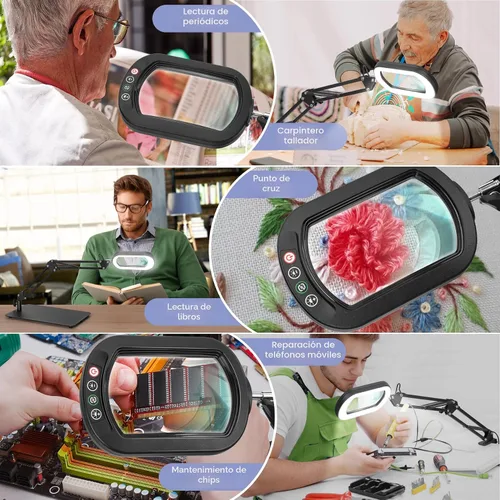 Miniatura 7 de Drdefi Lupa cuadrada de 10X con luz y soporte, lupa de cristal real iluminada con LED, 5 modos de color regulable continuo, lámpara de escritorio