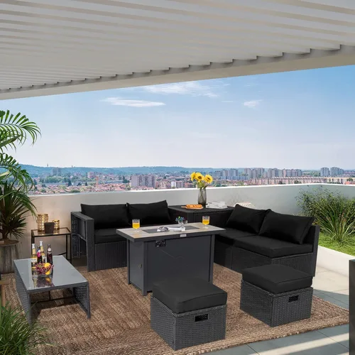 Miniatura 3 de Tangkula Sofá modular de mimbre para exteriores de 9 piezas con mesa de fogata de gas de 42 pulgadas y 60,000 BTU, juego de conversación de patio