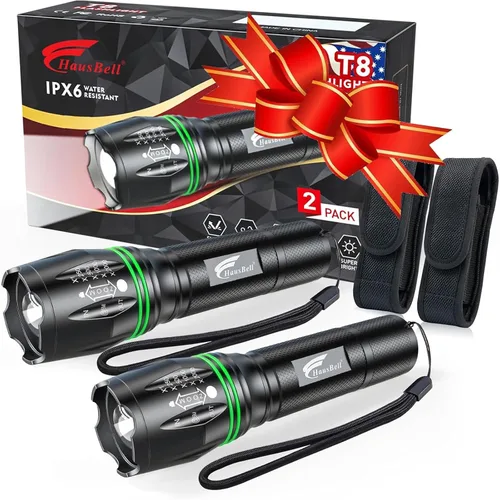 HAUSBELL T8 Linternas led brillantes y tácticas mejoradas, con acercamiento, lúmenes altos y cinco modos, accesorios de campamento, paquete de 2 T8