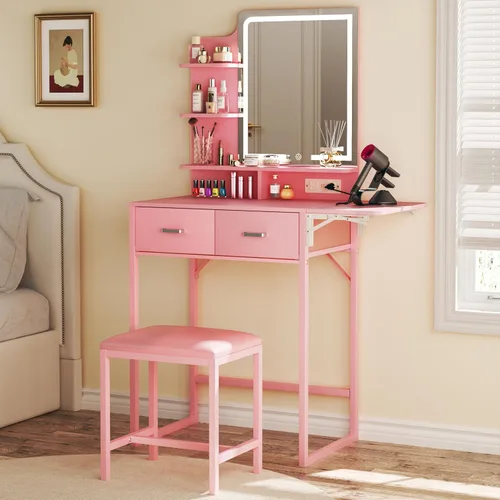 Miniatura 10 de ALEXNUTRE Escritorio de maquillaje con espejo y luces, pequeño tocador con cajón de almacenamiento de tela, silla y estantes, tocador con panel