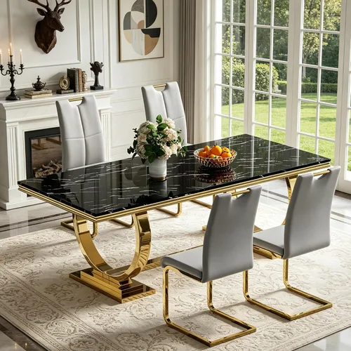 Miniatura 55 de 5 Piece Black Marble Dining Table Set for 4, Modern Faux Marble Kitchen Dining Room Tables with 4 Leather Chairs Set, 68.11" Luxury Rectangular