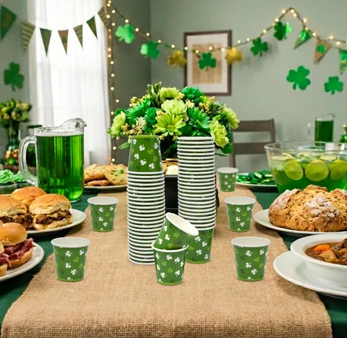 Miniatura 7 de Gift Boutique Paquete de 100 vasos de papel de trébol del día de San Patricio de 2 onzas, mini tazas de trébol verde para fiestas, postres