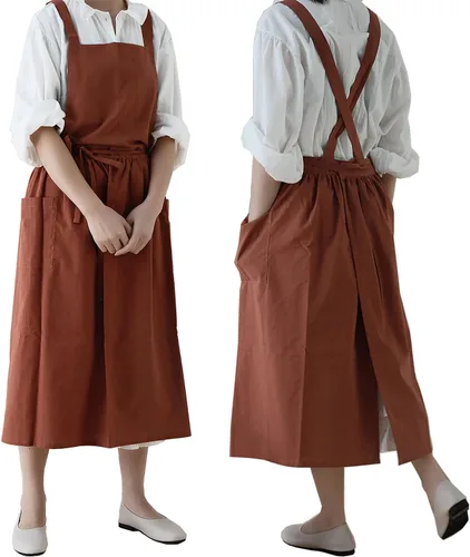 Miniatura 7 de VLZUFE Delantal de lino y algodón para mujer, con espalda cruzada, con bolsillos, para trabajos de jardinería, vestido delantal, color negro