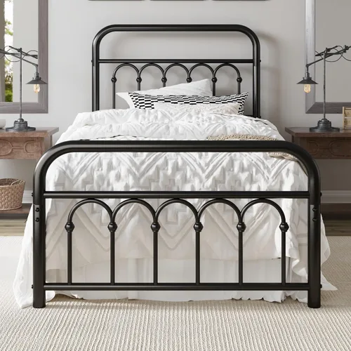 Allewie Marco de cama de plataforma de metal tamaño individual de 14 pulgadas con cabecero/pie de cama curvado de hierro forjado estilo victoriano,
