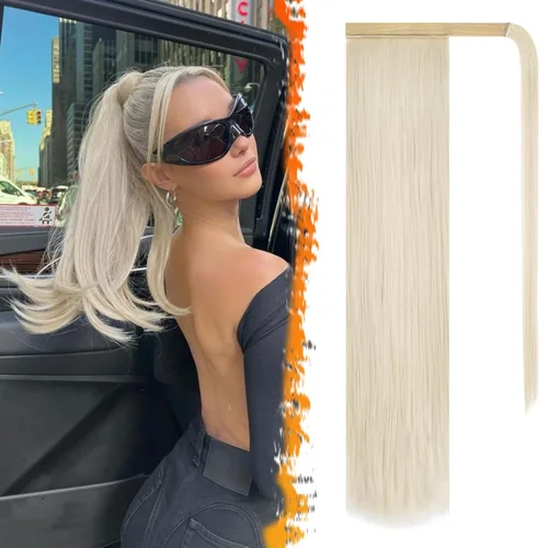 Miniatura 33 de BARSDAR Extensión de cola de caballo de 28 pulgadas largo recto envoltura alrededor del clip en pelo de fibra sintética para mujeres, negro