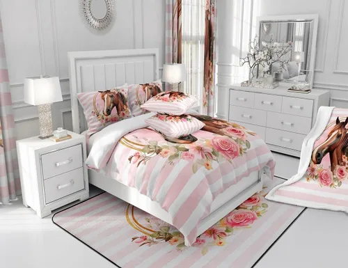 Miniatura 5 de Manfei Manta floral con diseño de caballo y acuarela, para decoración de habitación de niños y niñas, manta con estampado de rayas rosas para sofá
