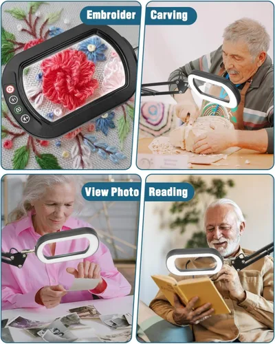 Miniatura 7 de 12 lupas con luz y soporte, lente rectangular de vidrio real, brazo giratorio grande de 2 x 16 pulgadas, lámpara de escritorio con abrazadera