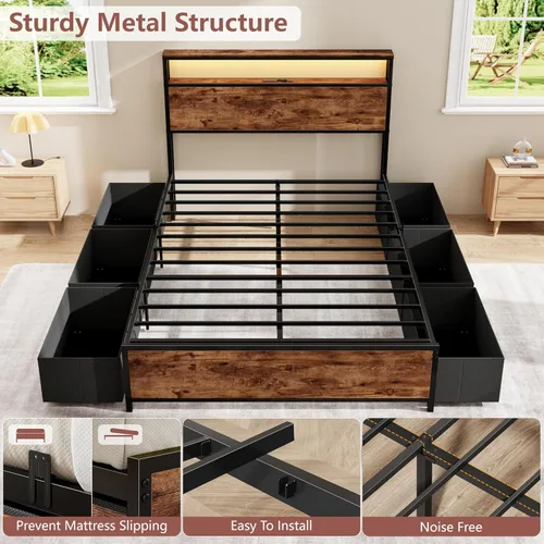 Miniatura 6 de Forestell Base de cama de tamaño matrimonial con cabecera de almacenamiento y 6 cajones, marco de cama resistente con estación de carga, luces LED
