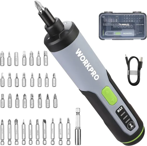 WORKPRO Destornillador eléctrico de 4 V, juego de destornillador recargable inalámbrico con 35 puntas, barra de extensión, cable de carga USB en
