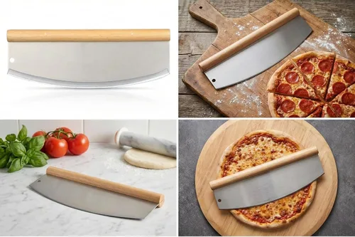 Miniatura 6 de Cuchillo mecedor profesional de acero inoxidable de 14 pulgadas, cortador de hoja de mango de madera con cubierta cómoda, rebanador de pizza