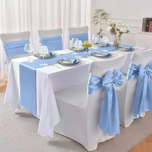 Miniatura 4 de Aormenzy 12 caminos de mesa de satén azul bebé de 12 x 108 pulgadas, caminos de mesa de boda sedosos, decoración de mesa elegante, caminos de mesa