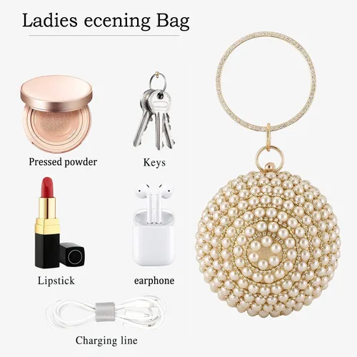 Miniatura 5 de Bolso de mano redondo para mujer, con diamantes de imitación, bolso de noche con cuentas de perlas