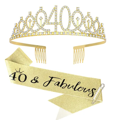CIEHER Juego de corona dorada para cumpleaños número 40 + banda de 40 y fabulosa + pin de perlas, tiara para decoraciones y regalos de cumpleaños de